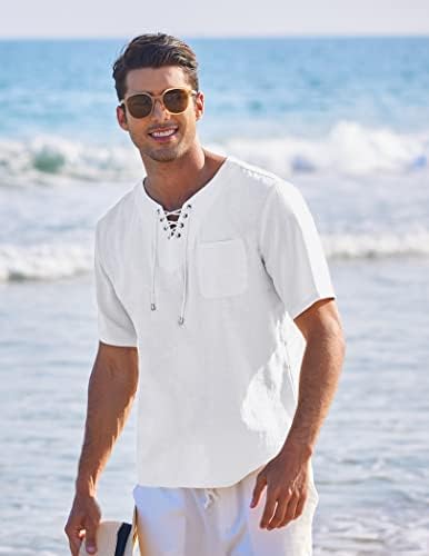 גברים מקרית כותנה פשתן חולצה קצר שרוול חוף תחרה עד היפי חולצה