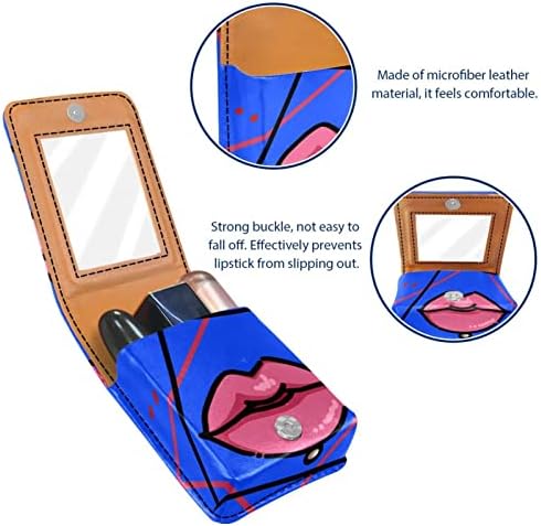 שפתון מקרה עם מראה חמוד נייד איפור תיק קוסמטי פאוץ, שפתיים קריקטורה ורוד כחול מודרני דפוס