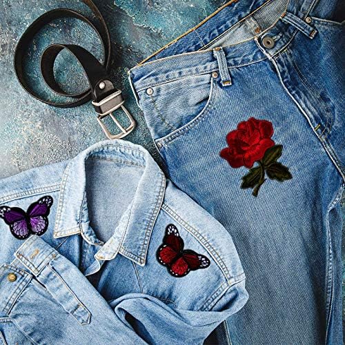 14 חתיכות רקמה פרחי ורד ברזל פרפר על טלאי אפליקציה תפור על טלאי פרפר טלאי אפליקציות ורד לג'ינס בגדים
