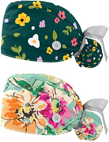 Vioqxi כובע בופנט מתכוונן עם כפתורים, 2 חבילות כובע ניתוחי סיעוד פרחים, כובעי קוקו קוקו של נשים