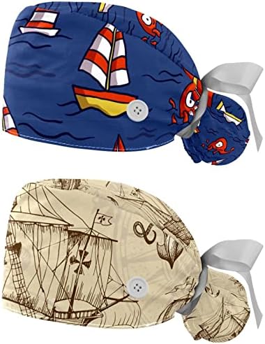2 חתיכות אוקיינוס ​​סירת מפרש מכסה עבודה עם כפתור כובע קרצוף מתכוונן עם שיער מחזיק קוקו