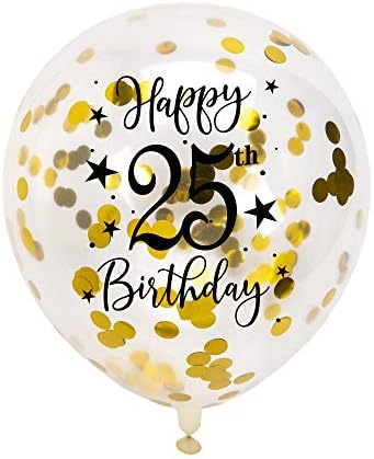 בלוני לטקס קונפטי 25 זהב, בנות או בנים שמחים 25 שנה קישוט בלון מסיבת יום הולדת עם קונפטי, 12in, 16 חבילה