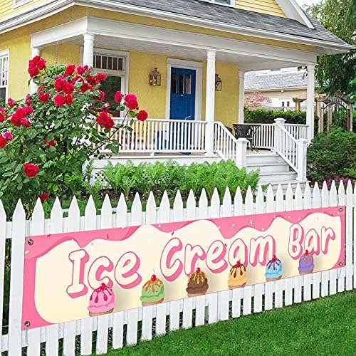 גלידה בר רקע שלט באנר גדול, אספקת קישוטי מסיבות נושא גלידה לילדים ילדים בנים ובנות, נושא גלידה ורוד