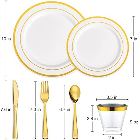 600 יחידות כלי אוכל זהב סט ל 100 אורח, כולל צלחות פלסטיק זהב, צלחות סלט פלסטיק, סט כלי כסף זהב וכוסות