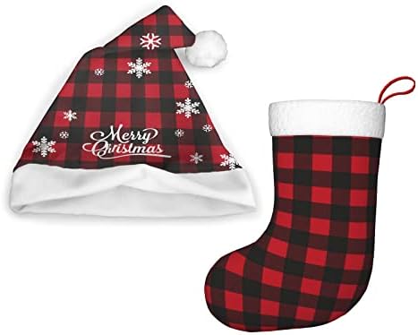 הדפסת משובצת קלאסית כובע סנטה כובעים לחג המולד וגרבי חג המולד שנקבעו למסיבת חג קישוט לחג המולד משפחתית