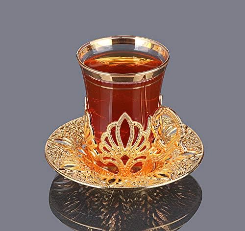ערכת תה טורקית של Lamodahome/כוסות תה טורקיות של 6 עם מחזיקי זהב וצלוחיות - סט תה כוסות בעבודת יד וינטג