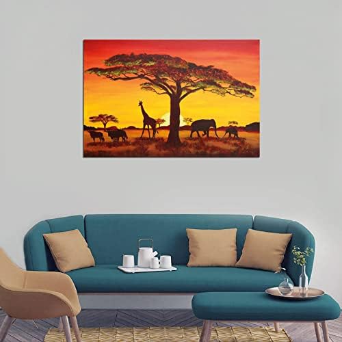 LMX SUNSET AFRICAN AFRICAN SAVANNAH DUSK SAFARI בעלי חיים ג'ירפה ג'ירפה באפלו פיל בד אמנות פוסטר ואמנות