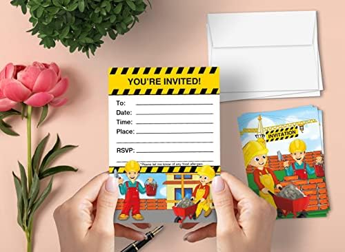 Leigha Marina Construction Shimer Cards הזמנה לילדים, 20 מזמינים ו 20 מעטפות - מלא את תווי הברכה הריק