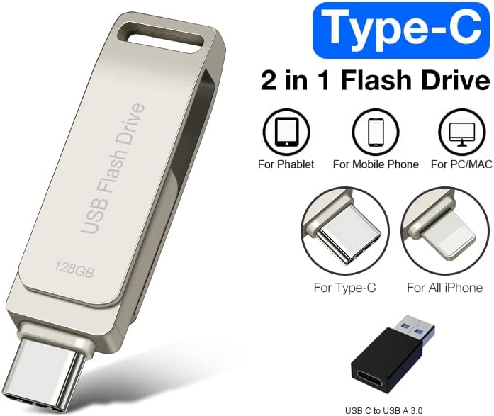 כונן פלאש USB 128 ג'יגה -בייט USB C כונן אגודל 2 ב 1 מקל תמונה לאייפון MacBook Pro סוג C מחשבים אנדרואיד