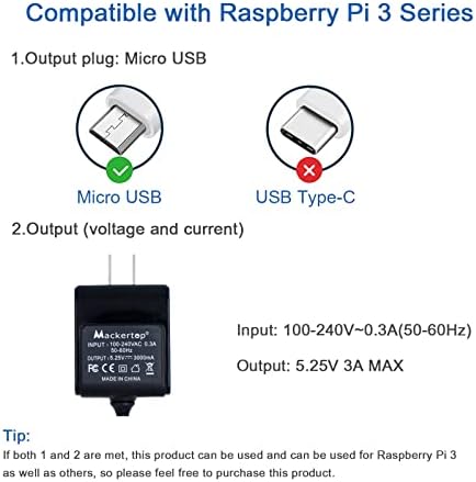 Mackertop 5.25V 3A מטען קיר מיקרו USB עבור Raspberry Pi 3 B+ אספקת חשמל כוללת 1.8 מ 'כבל חשמל