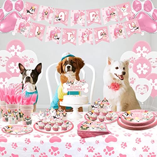 קישוטים למסיבות כלבים - יום הולדת לכלב הדפסי הדפסים ציוד למסיבות לילדה, צלחות גור ורוד, כוסות, מפיות,