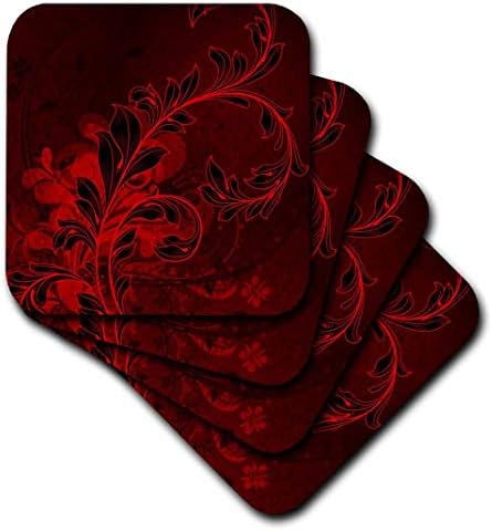 3 ורדים_78074_3 פרח עלים אדום אלגנטי גדול על רקע תבנית דמשק אדומה עמוקה-תחתיות אריחי קרמיקה, סט של 4