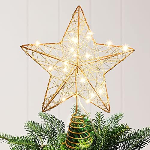 טופר עץ חג מולד מאמיני, טופר עץ כוכב מתכת זהב 7 עם 20 נוריות LED אורות לבנים חמים, אריגת תיל, סוללה
