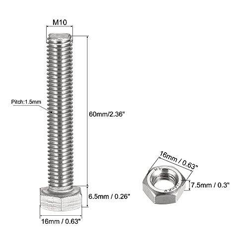 uxcell m10 x 60 ממ ברגי ראש ברגי ראש, אגוזים, ערכות כביסה שטוחות ומנעול, 304 ברגי משושה של נירוסטה 304