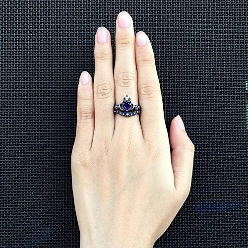 מונדי זוג טבעות גברים / נשים נסיך ונסיכה לנצח אהבת לב כתר טבעת מעוקב זירקוניה שחור כחול טבעת גודל 5-13