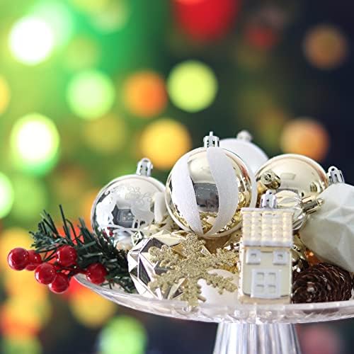 קישוטי חג המולד של אוצ'י לבן וזהב, 30 יחידות כדורי עץ חג המולד חסרי חג המולד מכוונים קישוטי חג המולד
