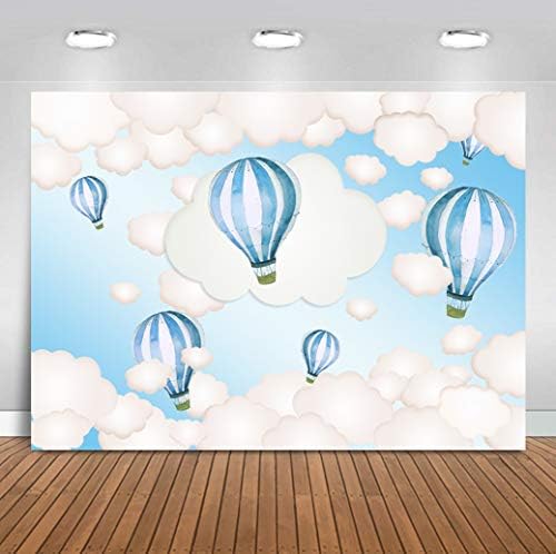 רקע בלון אוויר חם רקע שמיים כחולים עננים לבנים קישוטי מקלחת לתינוק למעלה והרחק הרפתקאות נסיעות מסיבת