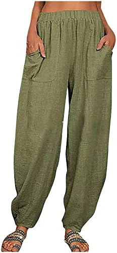 CHGBMOK נשים מכנסי פשתן נשים מותניים אלסטיות מכנסיים מכנסיים רצים מכנסיים בצבע אחיד רופף מכנסיים עם