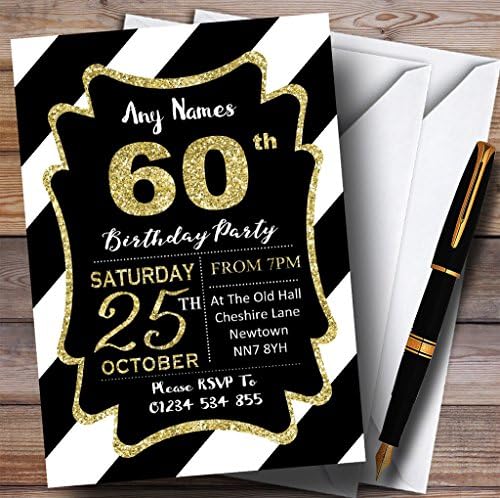 פסים אלכסוניים לבנים שחורים זהב זהב הזמנות למסיבת יום הולדת בהתאמה אישית 60