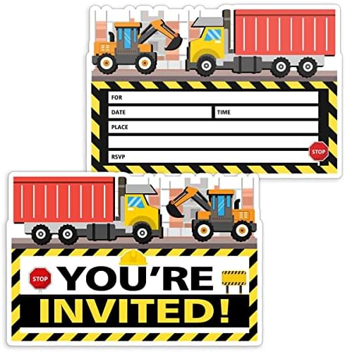 משאיות זבל בנייה כרטיסי הזמנות ליום הולדת לילד - 30 קלפים עם 30 מעטפות