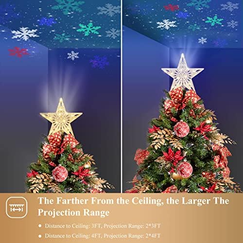עץ חג המולד של VSATEN טופר עץ כוכב מואר טופר עם LED סיבוב אורות מקרן פתית שלג, נצנצים חלול חלול כוכב