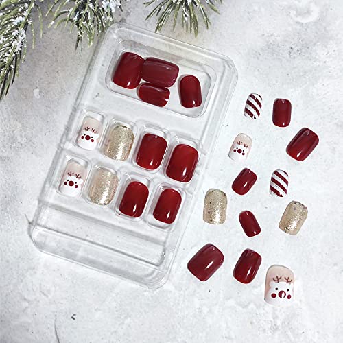 24 יחידות חג המולד לחץ על ציפורניים קצר כיכר מזויף ציפורניים אדום עם חמוד איילים פתית שלג עיצובים מלא