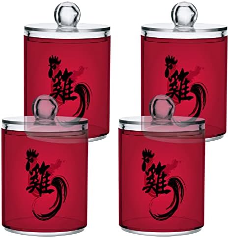 Yyzzh תו סיני מילה תרנגול עיצוב לשנה החדשה על אדום 4 חבילה מתקן מחזיק QTIP לכדור כותנה של כותנה כפפות
