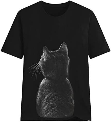 חולצת דפיסת חתול תלת מימדית לנשים טרנדי טיז גרפי טרנדי צוואר צוואר חמוד חולצות טוניקה של חיות טוניקה