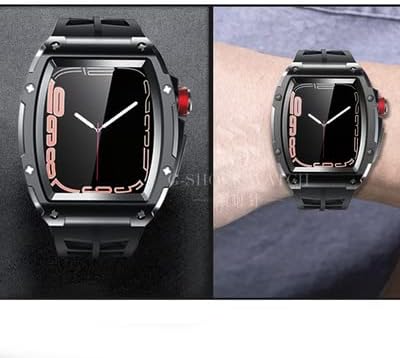 CNHKAU ללהקת Apple Watch Case 44/45 ממ, כיסוי מתכת יוקרתי של סגסוגת אלומיניום + אביזרי רצועת גומי עבור