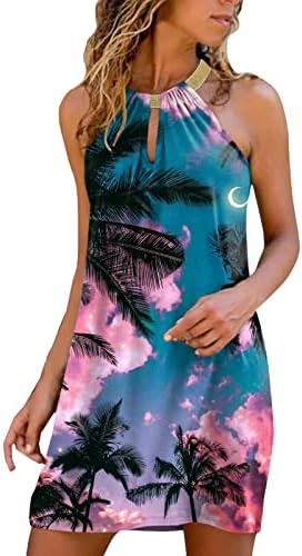 קיץ מקרית טנק שמלות נשים ללא שרוולים חור מנעול חוף שמלות קיץ הדפסת זורם טרנדי רופף מתאים מיני שמלות