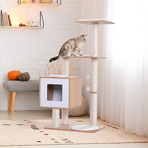 47 מודרני חתול עץ רב ברמת גרוד עם קוביית מערת מארז-אלון עץ ולבן