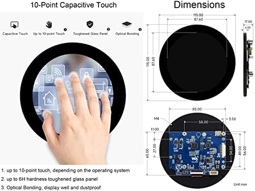 תצוגת מגע עגולה בגודל 3.4 אינץ '800 על 800 אינץ' ממשק מגע קיבולי בעל 10 נקודות, תואם לפטל פי 4 ב / 3