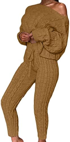 מכנסיים ארוכים בסרוג של נשים סרוגות של נשים קבעו כתף אחת טוויסט סוודר חליפה צבע אחיד בצבע מוצק סוודר