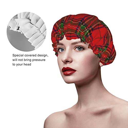 נשים לשימוש חוזר כובע שיער שולי שיער אדום דפוס סקוטי אדום שכבות כפולות אטומות למקלחת כובע אמבטיה