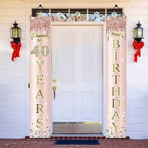 קישוטי באנר לדלת יום הולדת 40 לנשים, ורוד רוז זהב כיסוי דלת יום הולדת 40 שמח וציוד למסיבות מרפסת, תפאורה