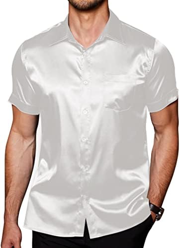חולצות קיץ של קואופנדי גברים שרוול קצר משי סאטן סאטן חולצות ג'קארד כפתור מזדמן במורד חולצת חוף