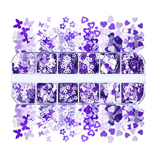 הולוגרפית פרפר פרח לב נייל גליטר דקור פאייטים, 12 רשתות 3 ד פרפר נייל מדבקות סגול פתיתי אקריליק ציפורניים