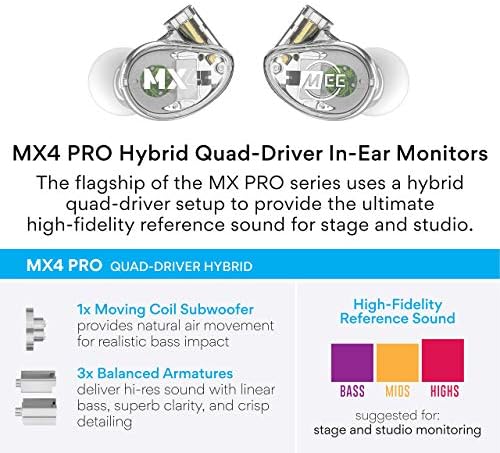 Mee Professional MX4 Pro Quad-Driver המוזיקאי ההיברידי של אוזניות צג אוזניים עם צליל התייחסות ברזולוציה