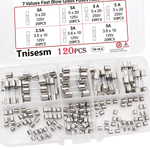 TNISSM 120 PCS נתיכי אור חג המולד ערכת C9, C7, G40 125V- 3A, 5A 5 X 20 ממ, מיני נתיך קטן 3A, 5A, 3.6X10