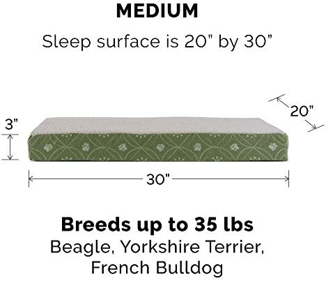 מיטת כלבים אורתופדית בינונית אורתופדית שרפה ופלנל מזרן הדפסת כפות עם כיסוי רחיץ נשלף נשלף - ירקן ירוק,