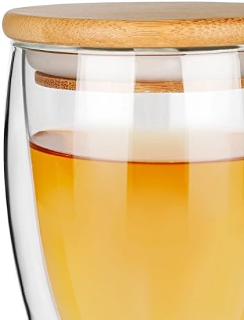 סט ספל זכוכית Nimatea של 2, 12 גרם כל אחד, כוס שתייה מבודדת בקיר כפול עם מכסה במבוק, גם טוב כמו כוסות