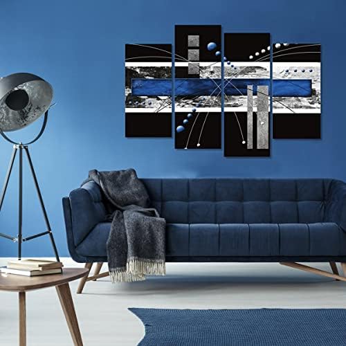 Ypy אמנות קיר קיר בד כחול שחור גדול - 4 פאנלים מודרניים מופשטים סט תמונה לקישוט הבית - ציור עכשווי יצירות