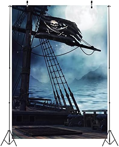 Loccor 6x8ft בד ויקינג פיראט סיפון ספינת תפאורה סירת דגל גולגולת סירת לילה עגום ירח ירח צילום ימי רקע