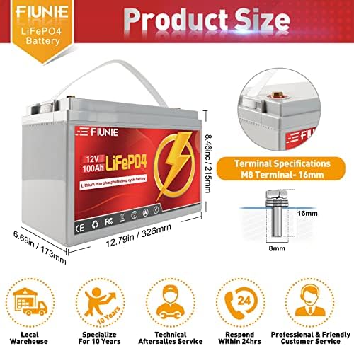 Fiunie 12v 100ah lithium סוללת Lifepo4 1280W, 100A BMS, אורך חיים של 10 שנים, עד 8000 מחזורים עמוקים