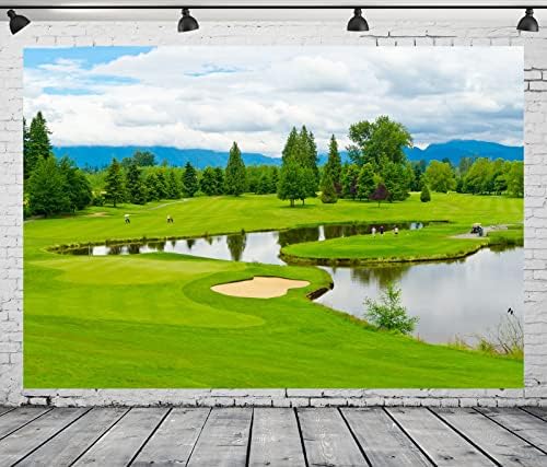 בלקו 8 * 6 רגל בד רקע מסלול גולף ירוק דשא דשא יער הר אגם כחול שמיים עננים לבנים גולף ספורט רקע גולף