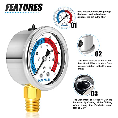 מדד ממוצע 1/4 NPT 0-50PSI, מדדי לחץ עם חיוג בגודל 2 אינץ 'גליצרין ממלא פילטר בריכה, 304 בית נירוסטה,