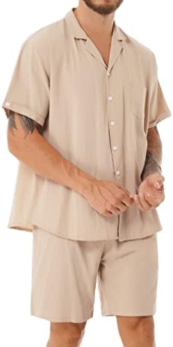 חולצת כפתור פשתן לגברים של Feeshow Hawaiin 2 חלקים תלבושות חולצות חוף שרוול קצר מזדמן סט מכנסיים סט