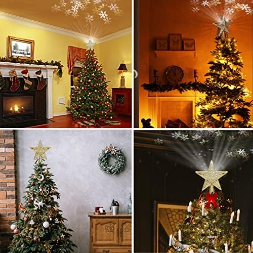 טופר עץ חג המולד של Ryhpez, טופרי עץ חג המולד של כוכב הזהב עם אורות מקרן של פתית שלג מסתובבת, נצנצים