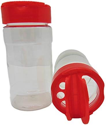 צנצנת בקבוקי מיכל תבלינים מפלסטיק שקוף בגודל 8 אונקיות עם כובע אדום - סט של מכסה 10 דש עם שייקר יוצקים
