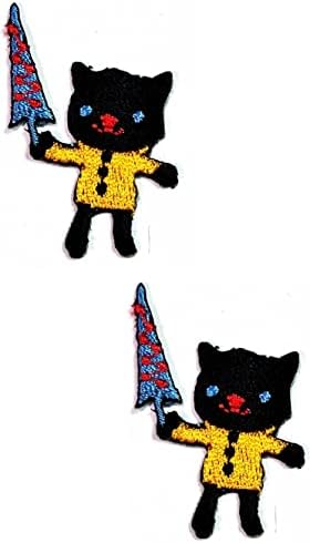 קליינפלוס 2 יחידות. מיני שחור חתול עם מטרייה חמוד קריקטורה רקום ברזל על לתפור על תג עבור ג ' ינס מעילי